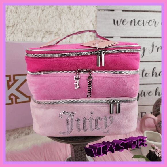 💕 NWT Juicy Couture Pink Velvet Tiered Train Case w/ Rhinestones #7200 💕 - Picture 1 of 7